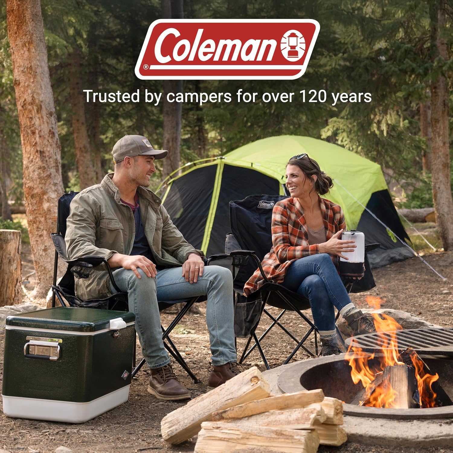Coleman Portable Camping Chair with 4-Can Cooler, Cushioned Seat & Back with Side Pockets 